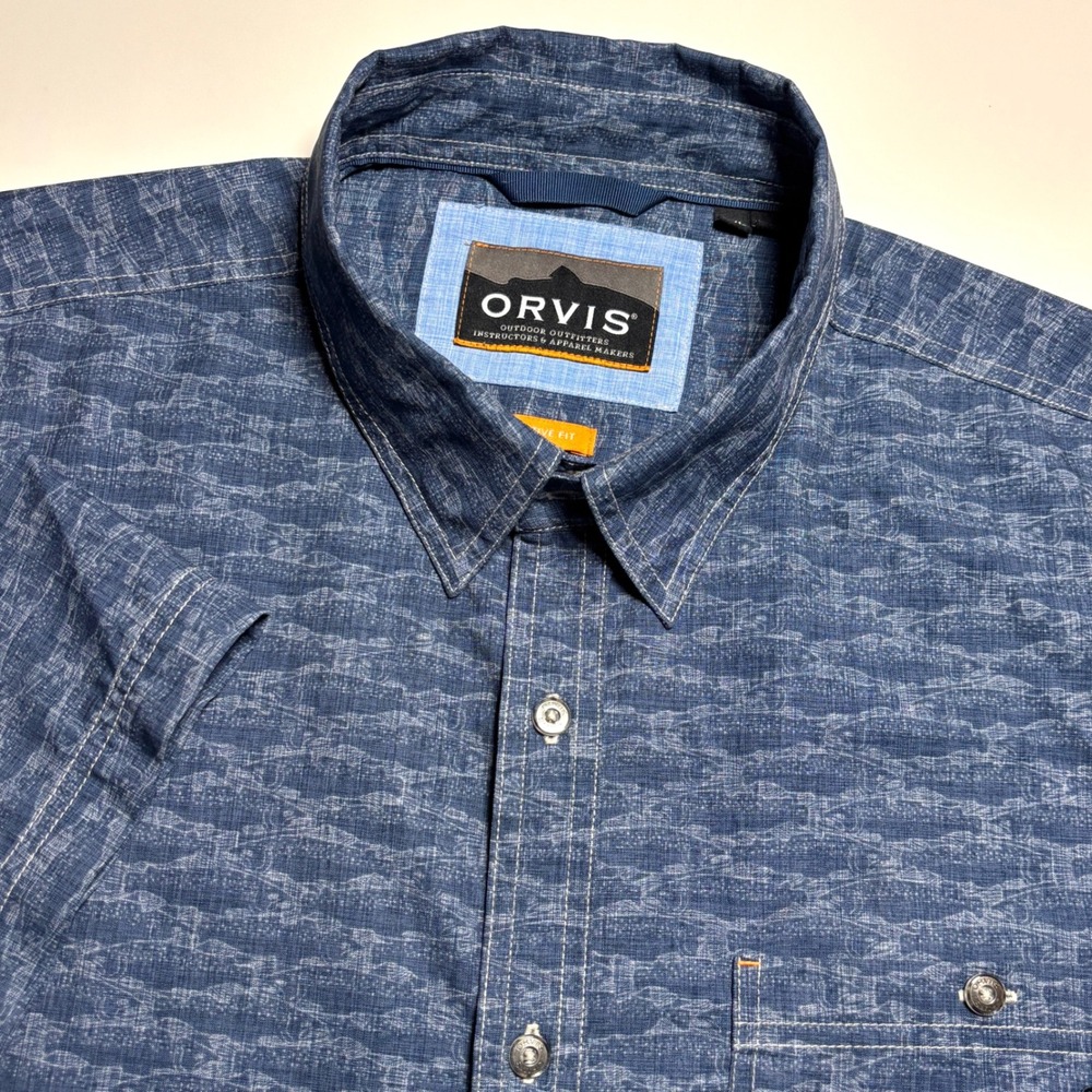 Orvis Active Fit Blue Fish Print Mens XXL Tech Fishing Hiking Short Sleeve Shirt